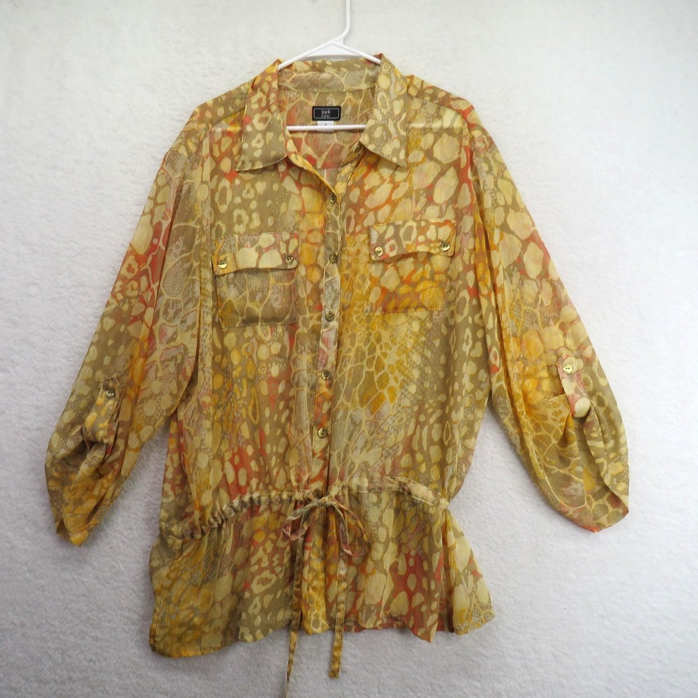 Lark Lane Shirt‎ Womens 18 Yellow Orange Sheer Animal Print Tunic Top Blouse